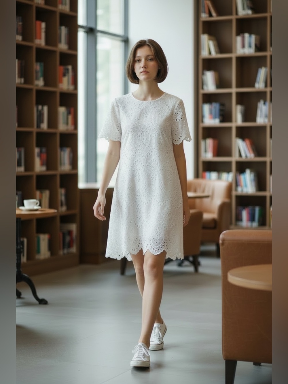 Zara White Eyelet Short Sleeve Shift Dress